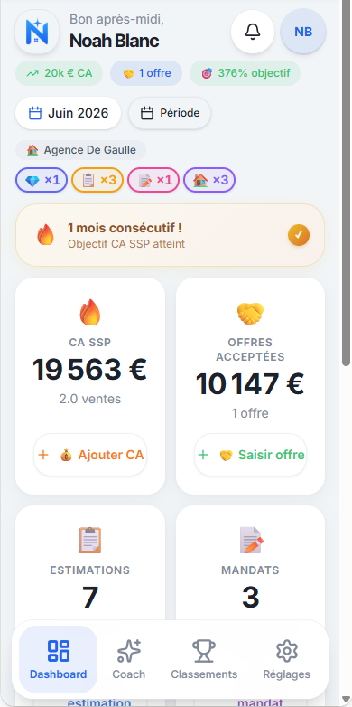 Dashboard agent Nova Estate — saisie KPI mobile par l'agent